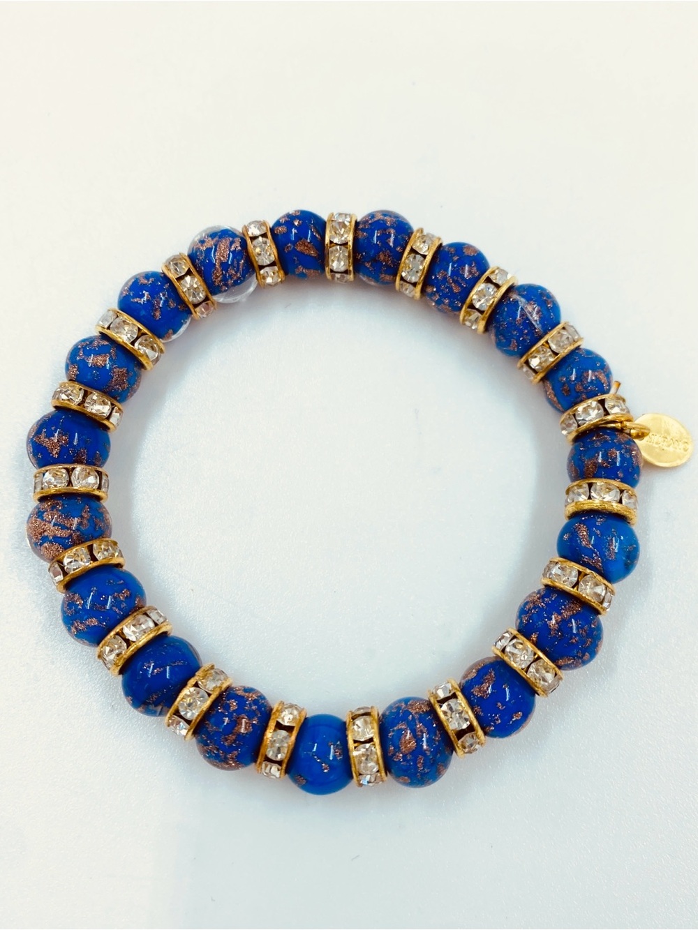 Gorgeous Murano Glass Bead Rhinestone Stretch On Bracelet Royal Blue Gold EUC